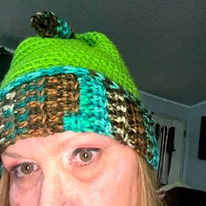 Handmade handcrafted crocheted lime green turquoise brown OS ladies hat beanie !